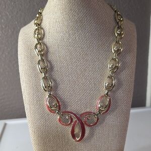 Vintage Gold-tone and Red Enamel Scrolled Ribbon Necklace